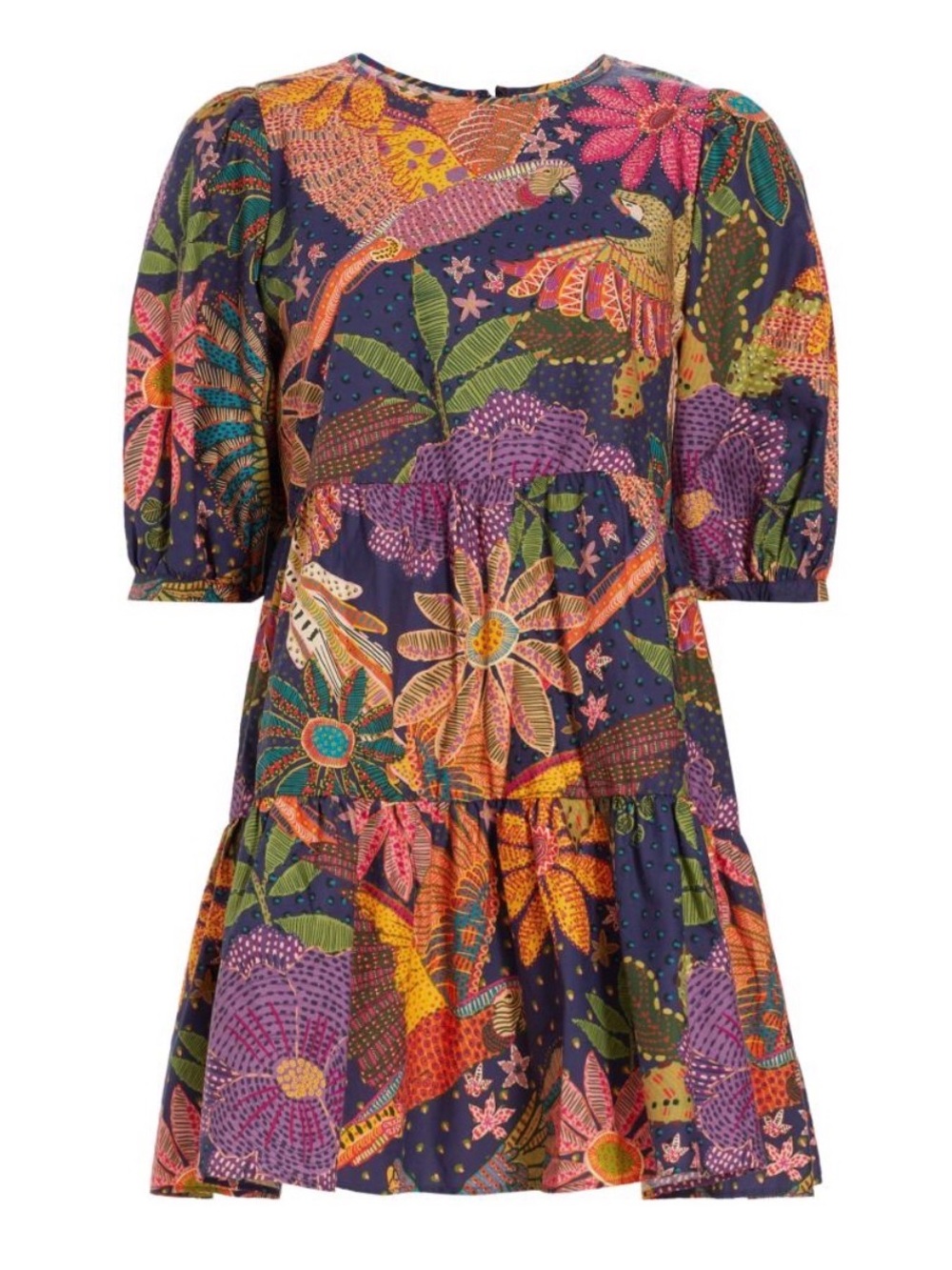 Farm Rio Floral Organic Cotton Mini Dress in Navy Multi